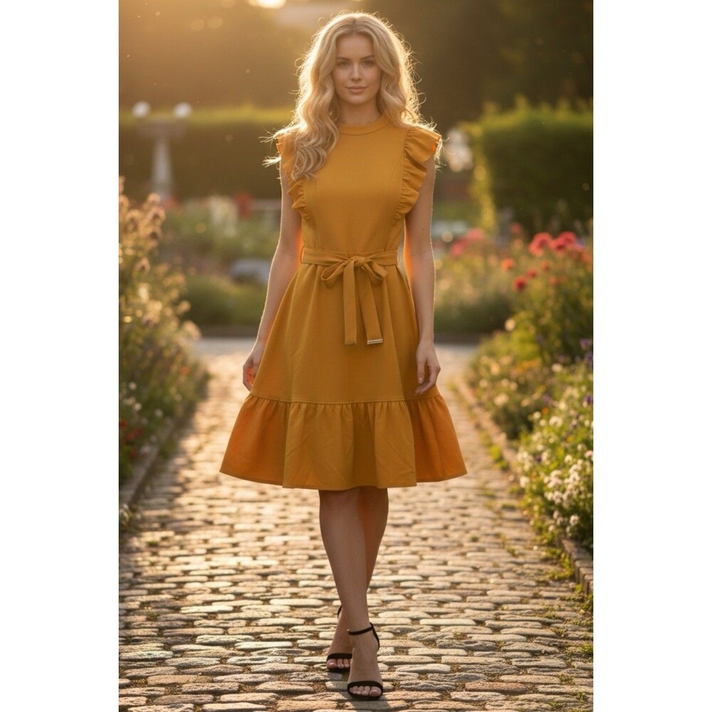 Tommy Hilfiger Yellow Fit & Flare Belted Mock Neck Scuba Crepe Size 6 Dress Chic